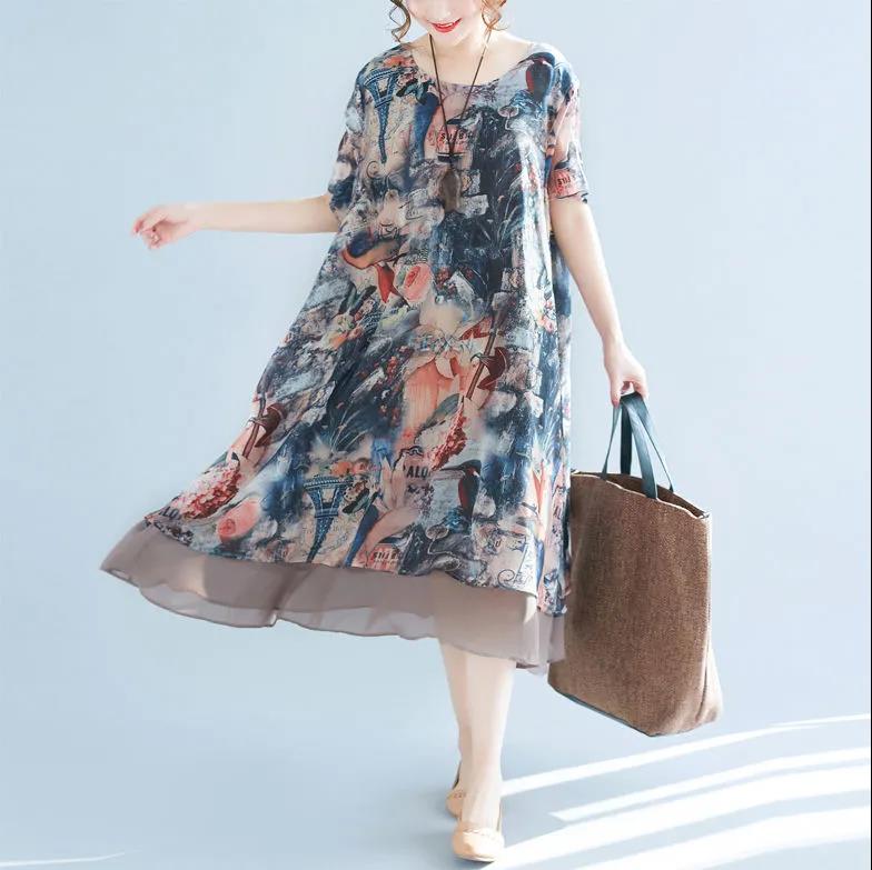 Damenbekleidung Chiffonkleid Große Größe Locker Rundhals Kurzarm Druck Mittellang