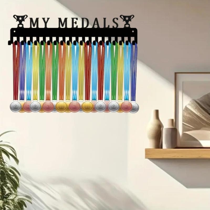 Metal Black Medal Display Rack Wall-Mounted Medal Hooks Holds 60 Medals For Running Football Baseball Awards Art Home Decor
