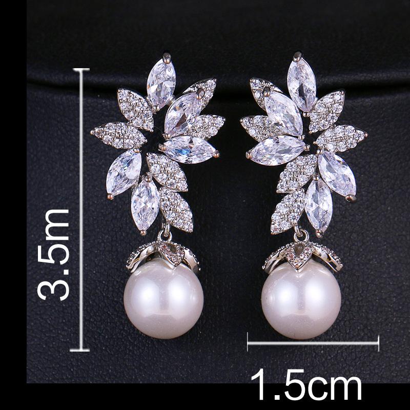 Silver Flower Zirconia Pearl Dangle Earrings for Women