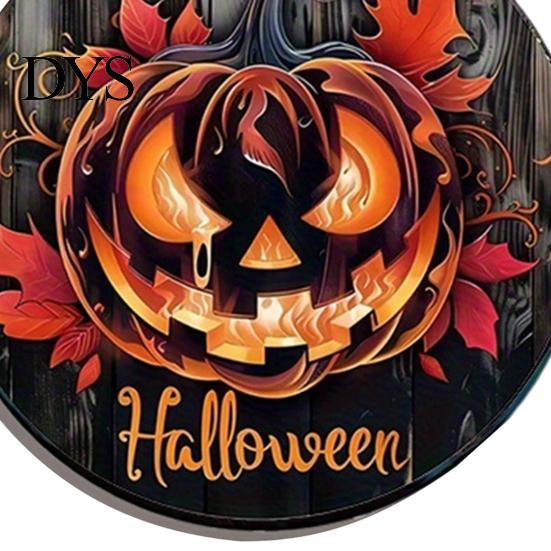 Autumn Atmosphere Hanging Ornament Halloween Wooden Door Hanger Sign, Flame Pumpkin Maple Leaf Printed Round Plaque, Hemp Rope Decor Waterproof