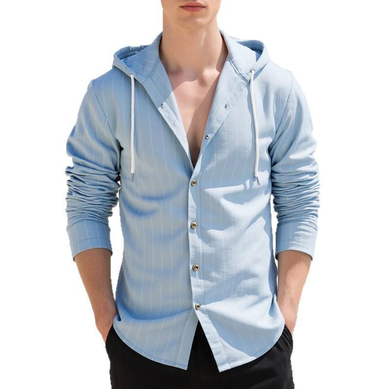 Mens Striped Hooded Linen Blend Long Sleeve Shirt Casual Loose Fit Beach Top