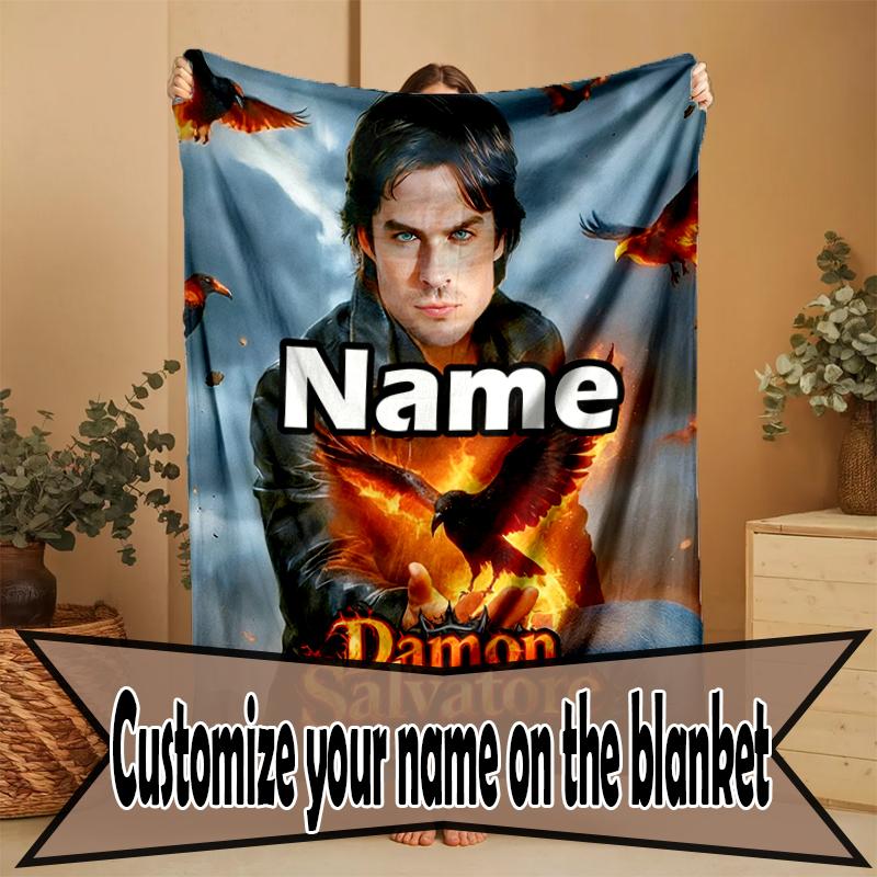 Custom Name Personalized Damon Salvatore Print Blanket, Home Decor, Bedroom, Sofa, Camping, Couch, Gifts for Birthday Christmas