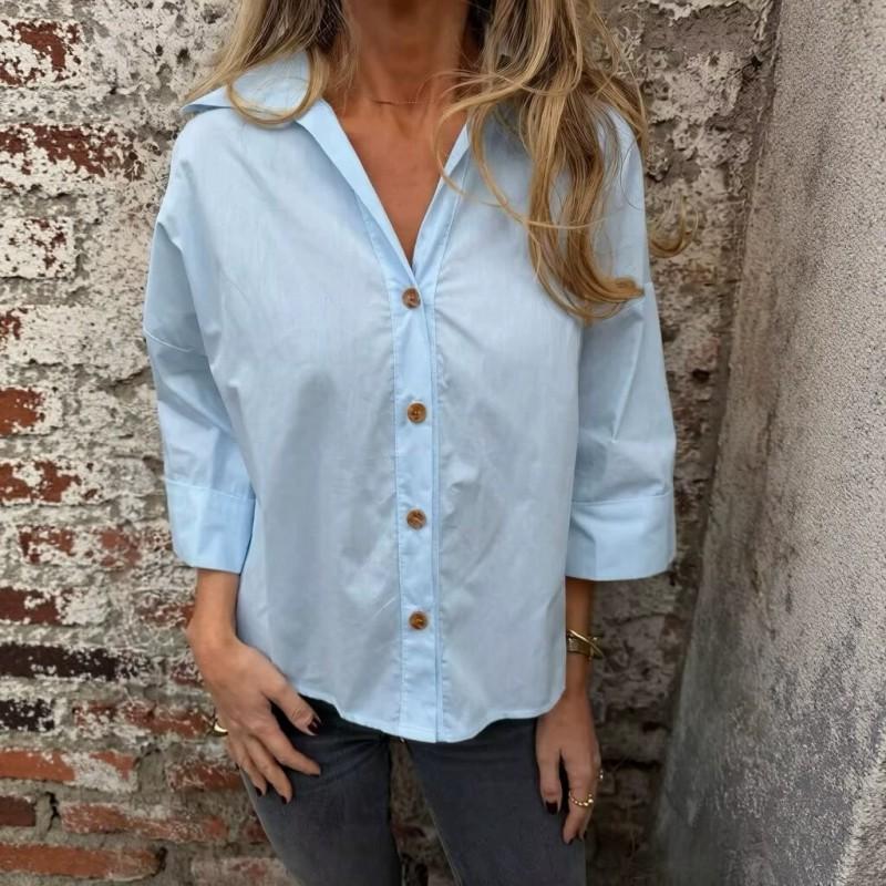 2026 Womens Loose Solid V-Neck Button Shirt A-Line Blouse