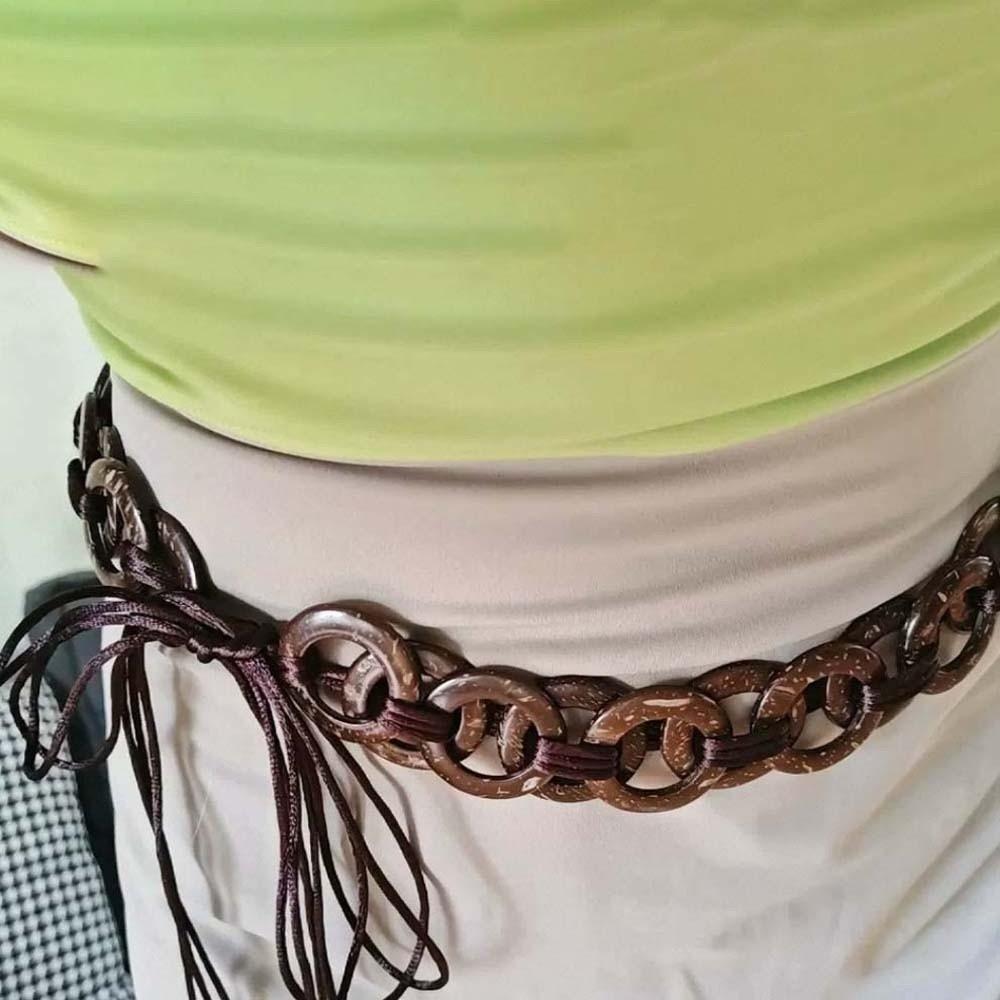 Adjustable Beaded Waist Chain Coffee Retro Tassel Waist Chain Coconut Shell Woven Belt  Cool Girls