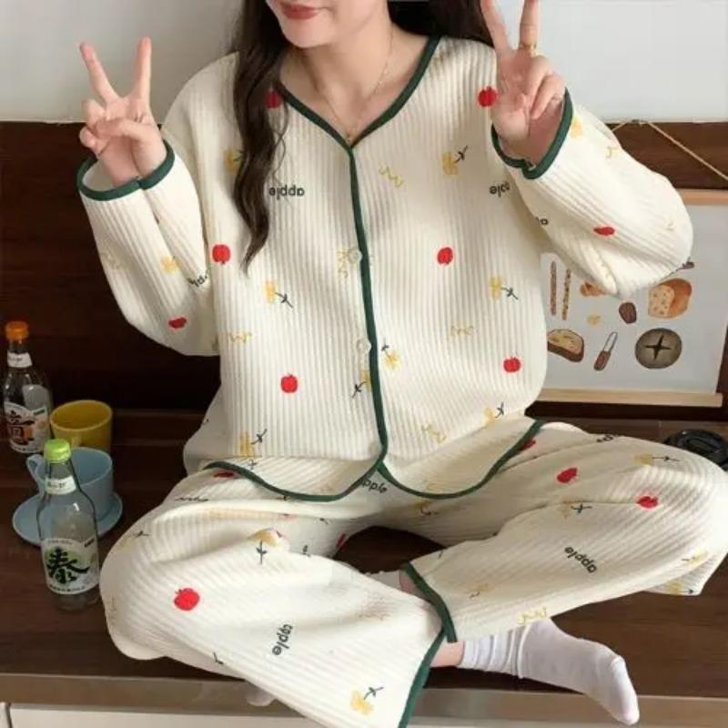 Heart Print Sleepwear Women Pajama Sets Korean Piiama Ruffles Pants Sets for Women 2 Pieces Autumn Night Wears Button Home Suit