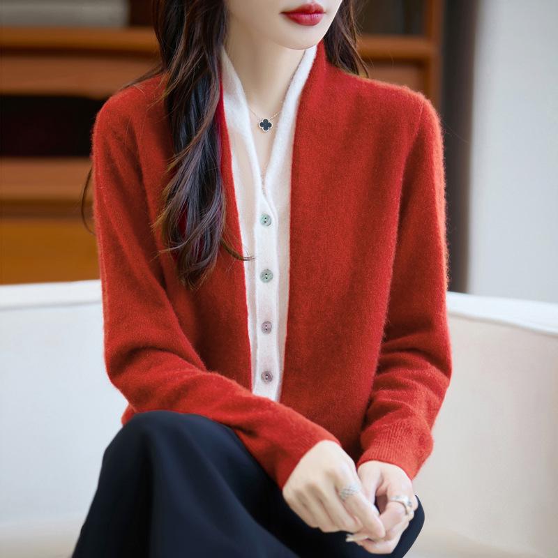 Australian Wool Color Block Two-Piece Cardigan Pullover for Women