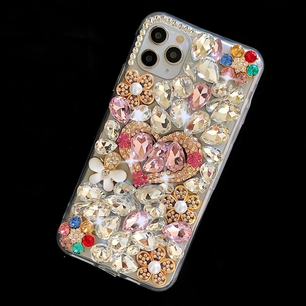 Glitter Rhinestone Phone Case For iPhone 17 16 15 14 13 12 11 Pro Max Air mini 16e 8 7 Plus X XS XR, 3D Crystal Heart Floral Bling Diamond Jewel Cover