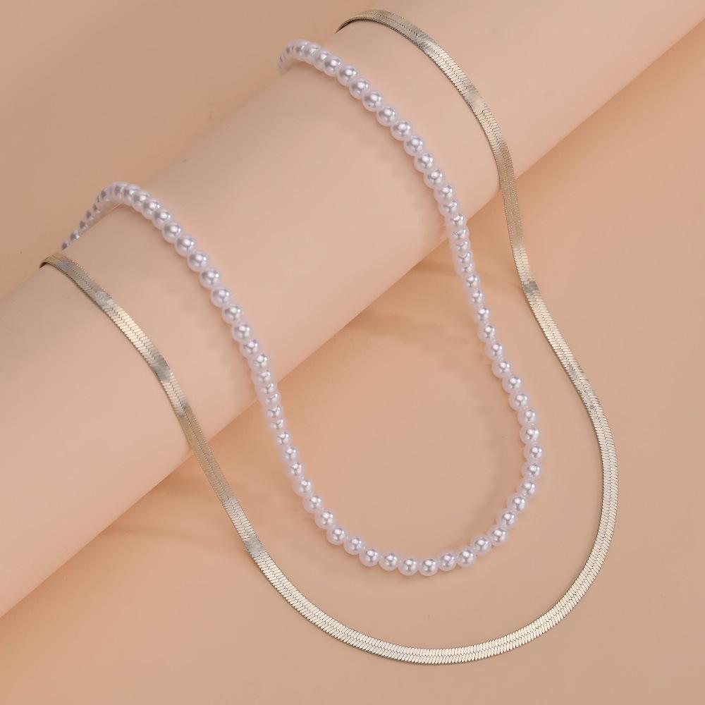 Simple necklace popular imitation pearl beaded alloy chain women's double necklace accessories batch