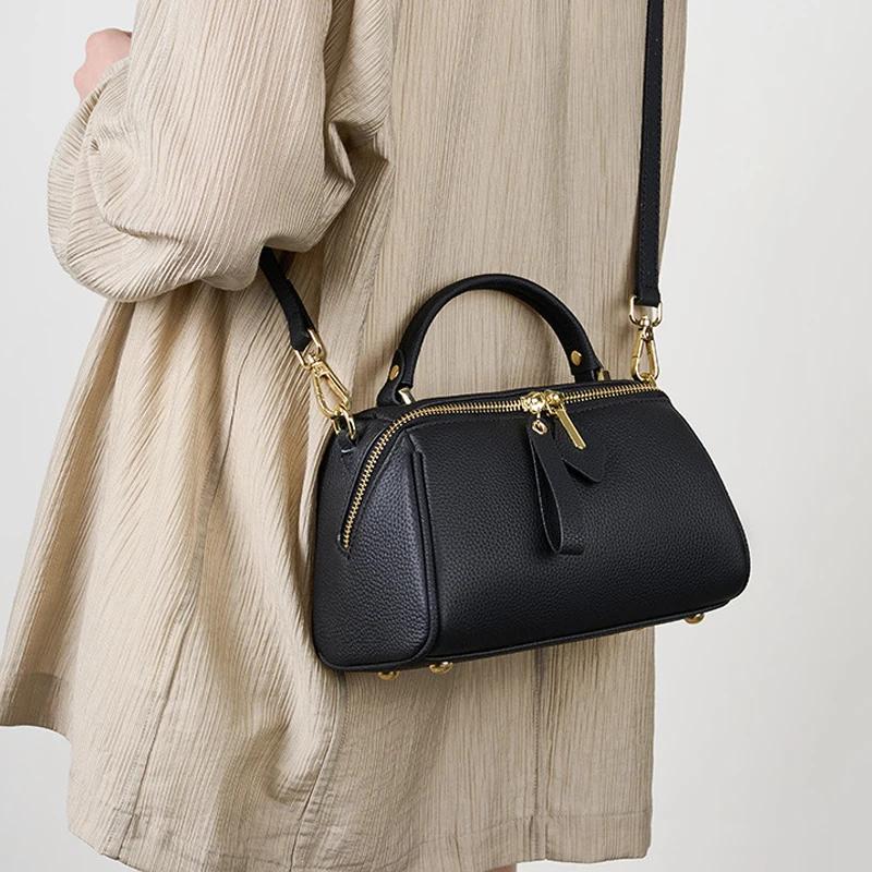 Women‘s Natural Cow Leather Shoulder Bag Ladies Commute Retro Soft Cowhide Handbags Female Casual Luxury Design Crossbody Bags