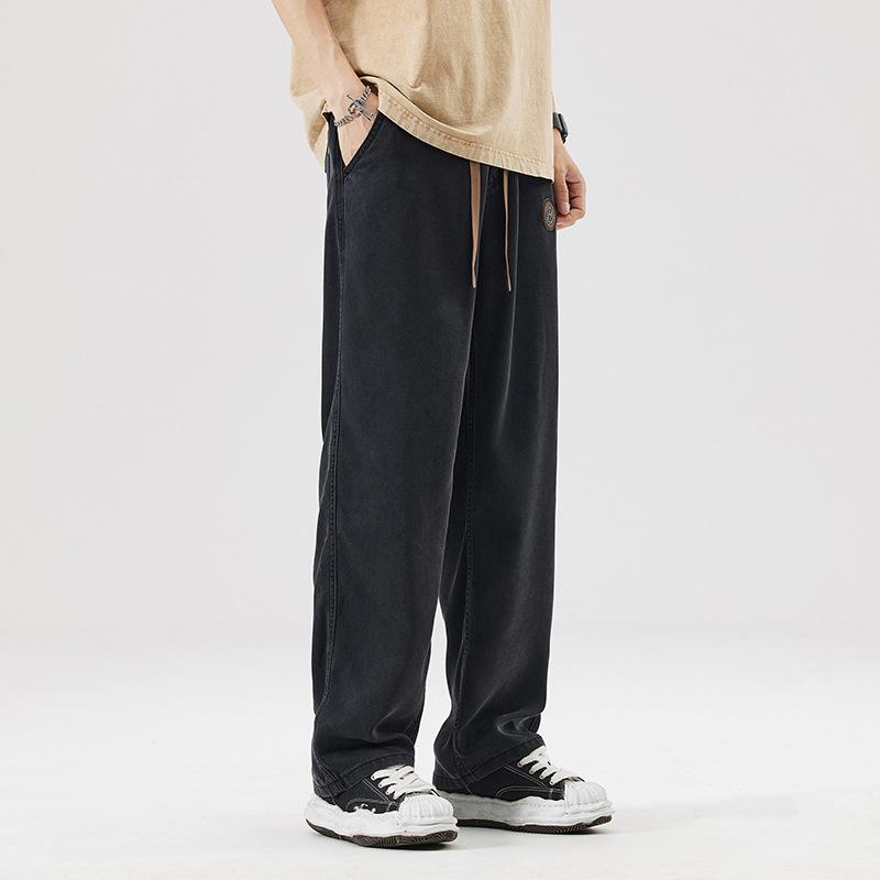 New denim retro washed elastic waist casual pants trendy high street wide leg pendant drawstring jeans