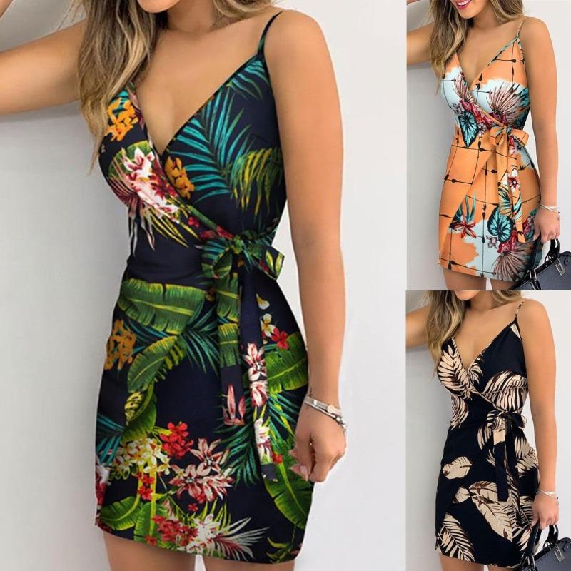 Vestito Corto da Donna con Stampa Tropicale, Modello Wrap, Spalline Sottili, Scollo a V, Cintura da Legare, Bodycon, Estivo, Foglie di Palma, Stampa Floreale, Vacanza al Mare, Festa in Club