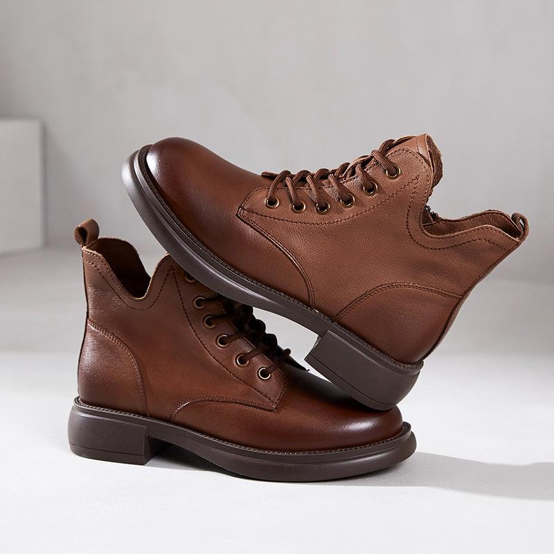 First Layer Cowhide Martin Boots Women's 2025 Autumn and Winter New Velvet Leather Retro V-mouth Short Women's Boots