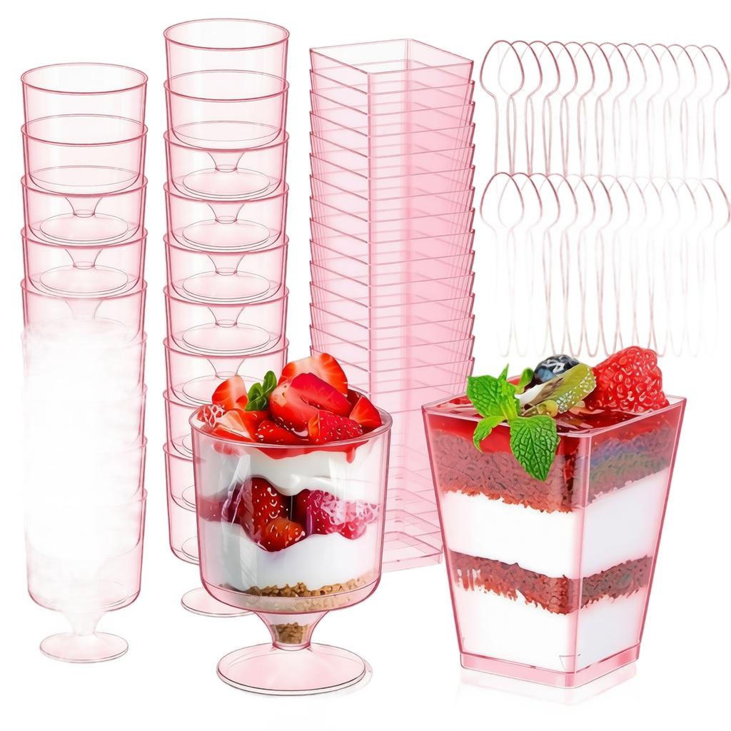 200-teiliges Dessertbecher-Set mit Löffeln Enthält durchsichtige quadratische Kunststoff-Appetizerbecher und hohe Dessertgläser mit Fuß für Party-Servieren und Wackelpudding-Shots