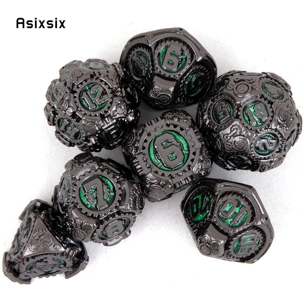 7 Pcs Green Black Gear Wheel Metal Dice Solid Metal Polyhedral Dice Set Suitable for Role-Playing RPG  Board Game Card Game