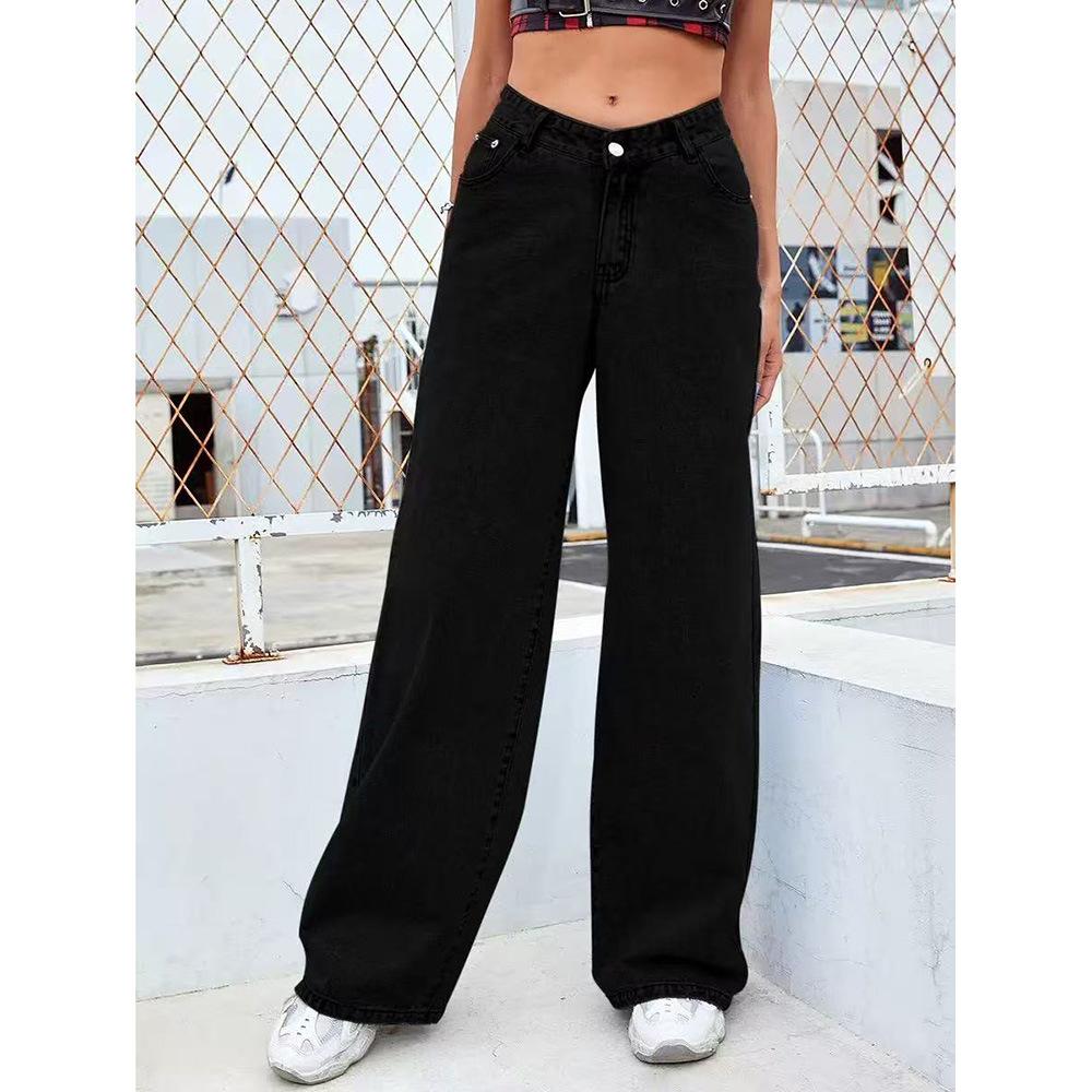 Damen Baumwolle Retro Trendige Gewaschene Jeans, Mode Vielseitige Gerade Bein Denim Lange Hosen S schwarz