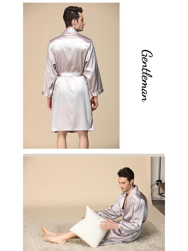 Men's Summer Long Sleeve Silk-Style Pajamas Robe