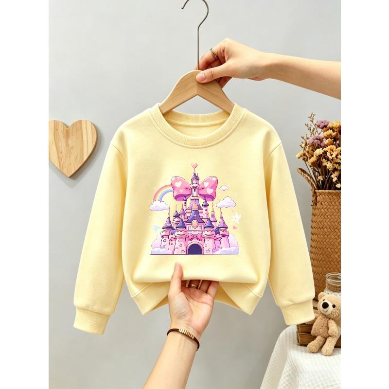 Kids Girls Crewneck Sweatshirt, Cute Pink Princess Castle Rainbow Bow Cloud Star Cartoon Print Black Soft Fleece Pullover