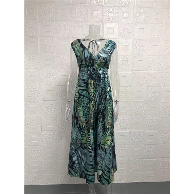 Tropical Floral Print Deep V Neck Spaghetti Strap Maxi Dress Beach Sundress