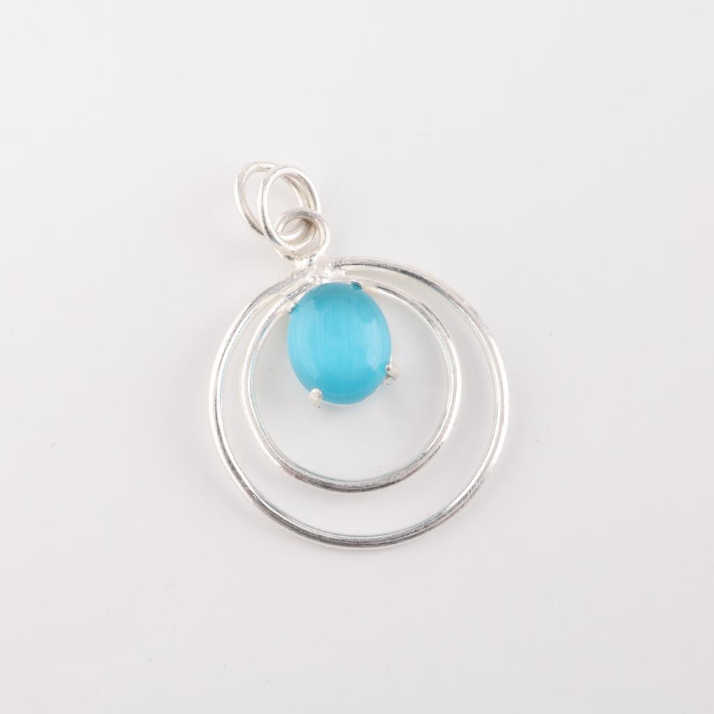Rare Blue Cat's Eye Gemstone 925 Sterling Silver Jewelry Handmade Pendant 1.65" PP-61-43