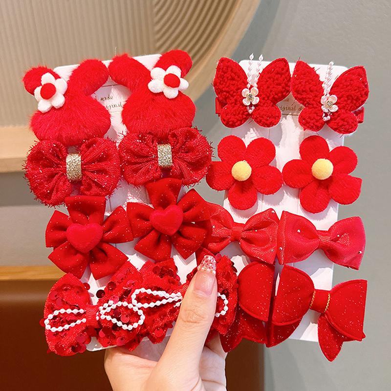 8Pcs/Set Kids Red Bows Hair Clips For Baby Girls Handmade Ribbon Bowknots Hairpins Barrettes  Year Christmas Hair Accessories