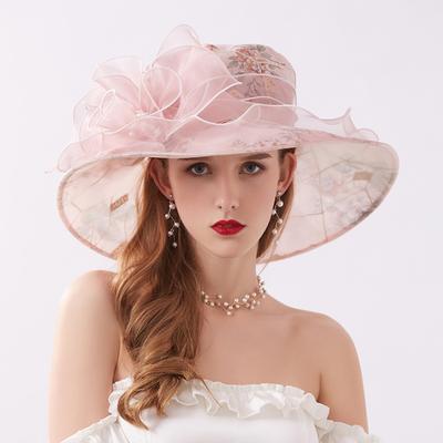 Flower Derby Church Hat Mesh Breathable Organza Sun Hat Wide Brim Foldable Bucket Hat Travel Beach Cap Wedding Bridal Hat for Women