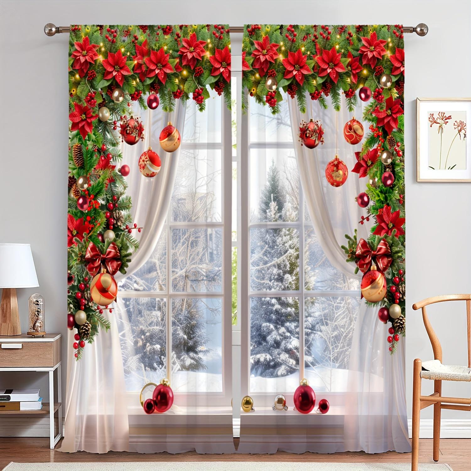 

Комплект из 2-х предметов с цифровым принтом «Рождественские и зеленые листья» — дизайн RodPocket для гостиной, спальни, кухни и офиса W50 X H130(CM)X2&Grommet Top