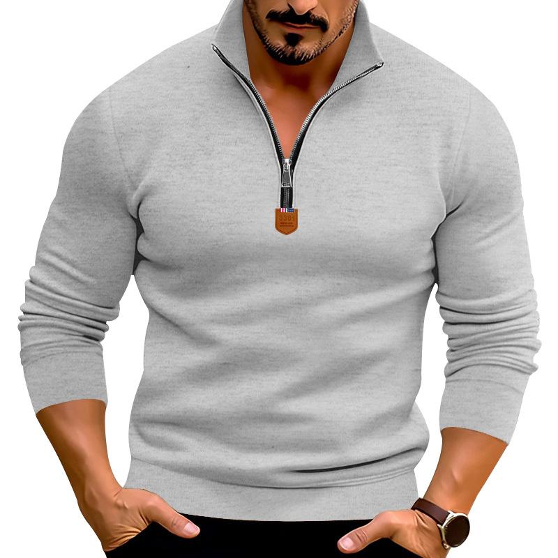 Autumn/Winter Men's Casual Fleece-Lined Solid-Colour Long-Sleeved Half-Zip Stand-Collar Sweatshirt Top