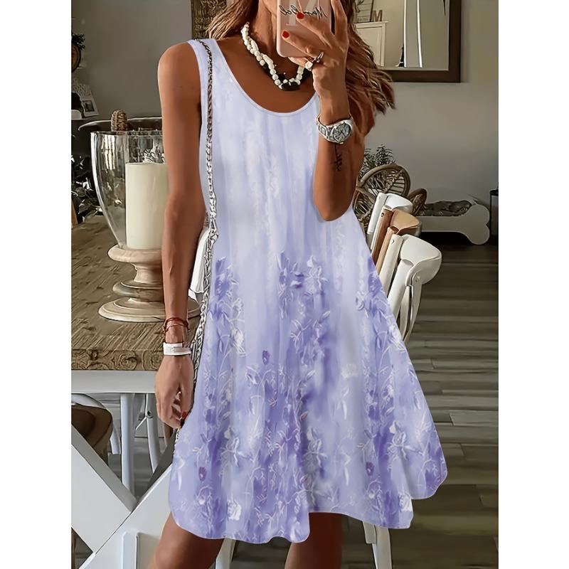 [Printed Design – Not Textured] Plus size women’s fashionable, fresh and elegant gradient plant print sleeveless casual spring and summer sundress