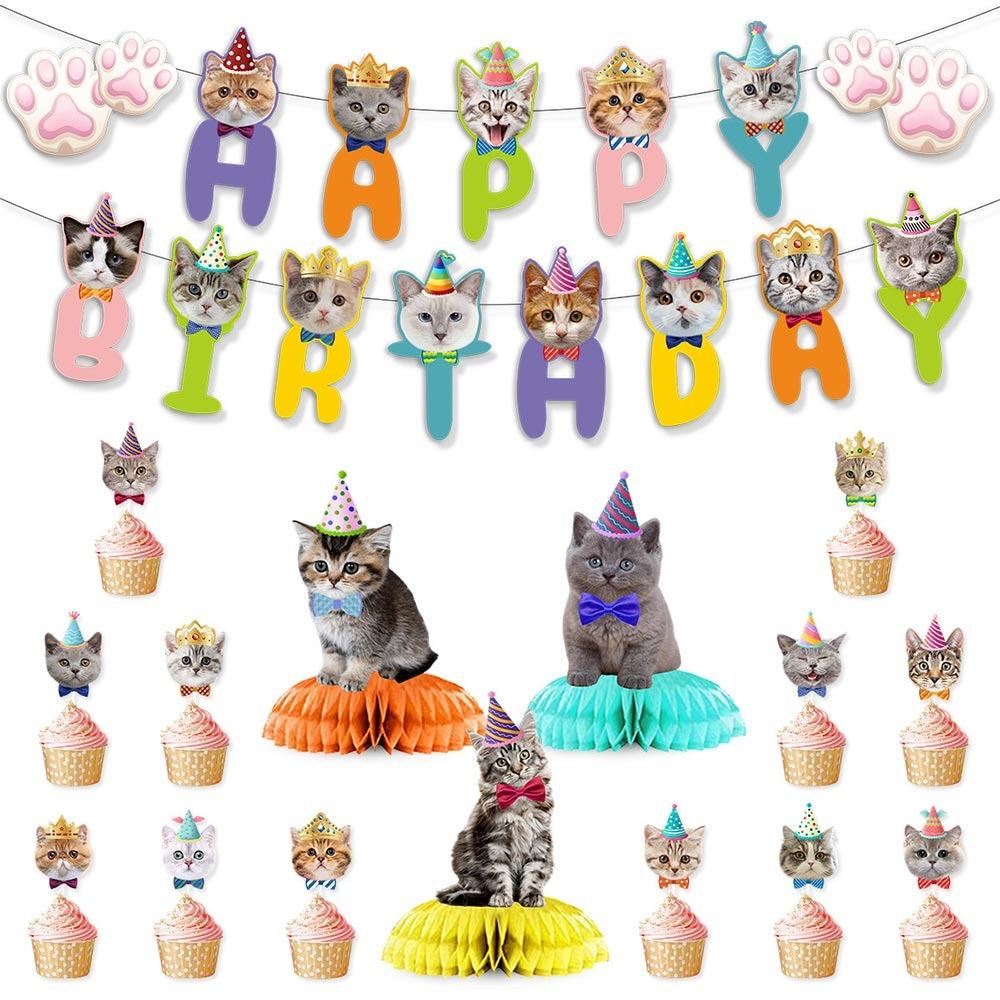Animal Themed Pet Cat Party Banner Multicolor Cartoon Cat Cartoon Cat Garland Mixed Pattern Birthday Party Decoration Set