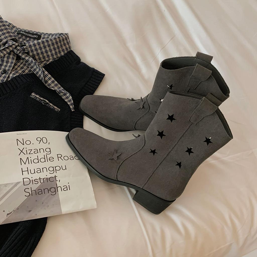 Grape Mother Has the Same Retro Fashionable Hollow Star V-mouth Versatile Comfortable Thick Heel Denim Medium Boots Women's Western Boots