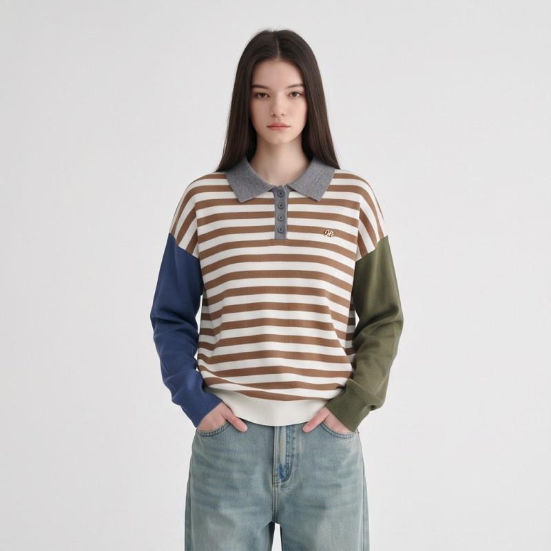 TikTok Womens Striped Color Block Polo Sweater Long Sleeve Knit Top Casual College Style