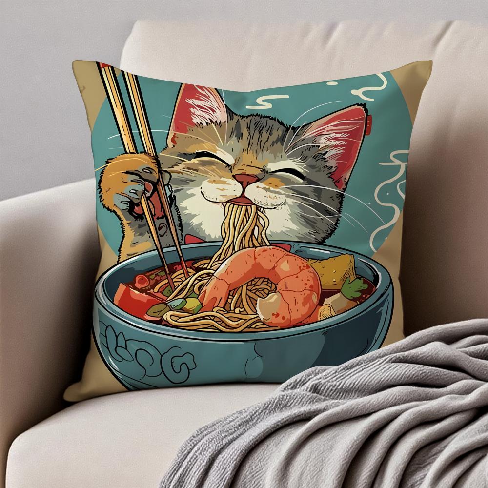 R-Ramen Animal Anime Painting Cushion Cover Pillowcase Anti-Dustmite Invisible Zipper Short Plush Sofa Cushion