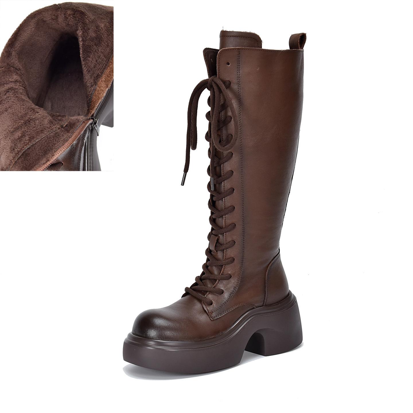 

Johnature Genuine Leather Lace Up Side Zipper Long Boots Thick Soled High-heeled Women s Boots 39-Plush коричневий