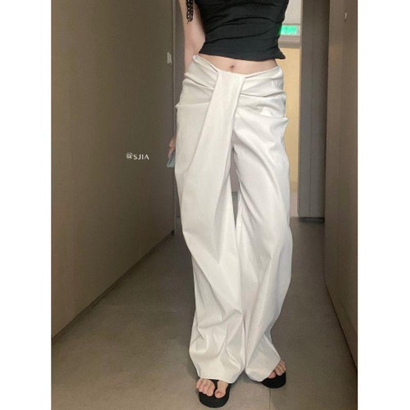 Kumikumi Stylish Asymmetric Large Ruched Casual Pants Women's Autumn Loose Feeling Low Waist Baggy Straight Trousers