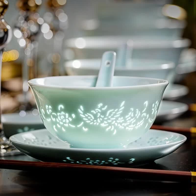 Aowei Jingdezhen Celadon Linglong Dinnerware Set - European Style Gold-Traced Porcelain