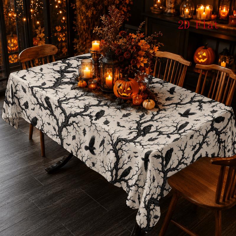 2D Flat 1pc - Party Tablecloth, Halloween Table Cover, Autumn Thanksgiving And Halloween Theme, Black Bald Tree And Crow Pattern, Vintage American Cou
