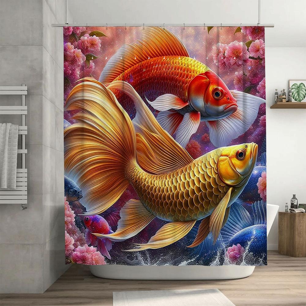 Goldfish Shower Curtain Wall Deco with Pink Blossoms Bath Decor Artistic Waterproof Print Home Decoration 3D Fabric Shower Panel