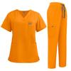 Women's Short Sleeved Solid Color V Neck Pocket Top Pants Work Clothes Two Piece Set