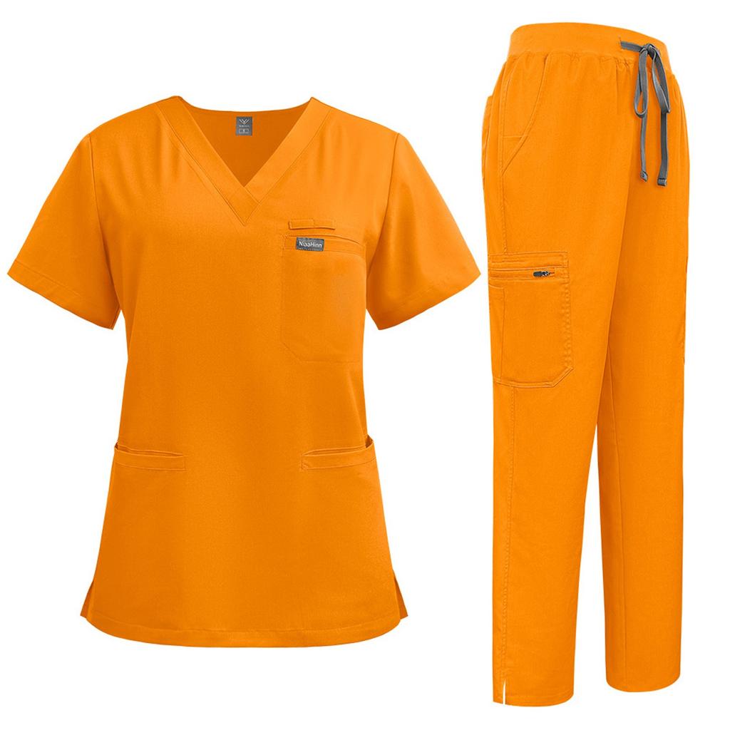 Women's Short Sleeved Solid Color V Neck Pocket Top Pants Work Clothes Two Piece Set