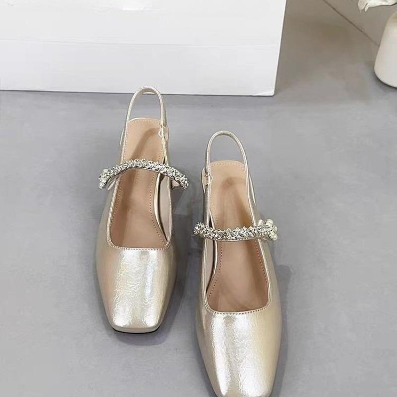 Fashion Champagne Gold One Strap Block Heel Baotou Sandals Mary Jane Women's Shoes 2025 Summer New Rhinestone