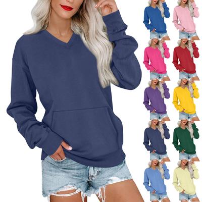 Women's Casual Fashion Solid Color V-Neck Long Sleeve Sweatshirt Lightweight Pullover With Pockets Warm Sweatshirt