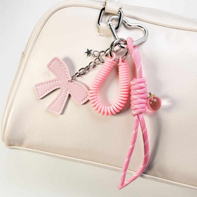 Braided Rope Bag Charm Lovely Heart Keychain Handbag Pendant Ornaments Bows Keyrings Fashion Keyholders