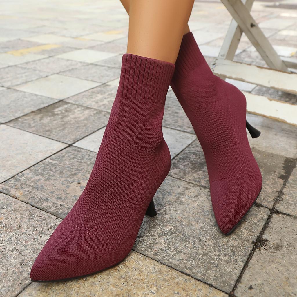 Fashion Women Knitting Sock Boots Elegant High Heels Shoes Woman Fashion Winter Sharp Pointed Thin Heel  Sexy Ankle Boots for Women