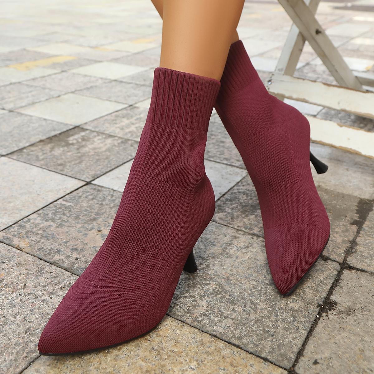 

Fashion Women Knitting Sock Boots Elegant High Heels Shoes Woman Fashion Winter Sharp Pointed Thin Heel Sexy Ankle Boots for Women 43 вино красного