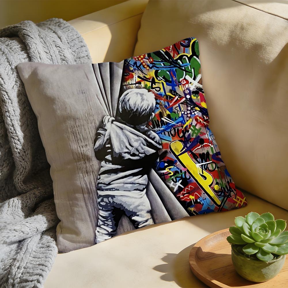 Cushion Cover Washed Linen Soft Breathable Decorative Case for Sofa Home Pillow Cover Banksy Street Graffiti Art
