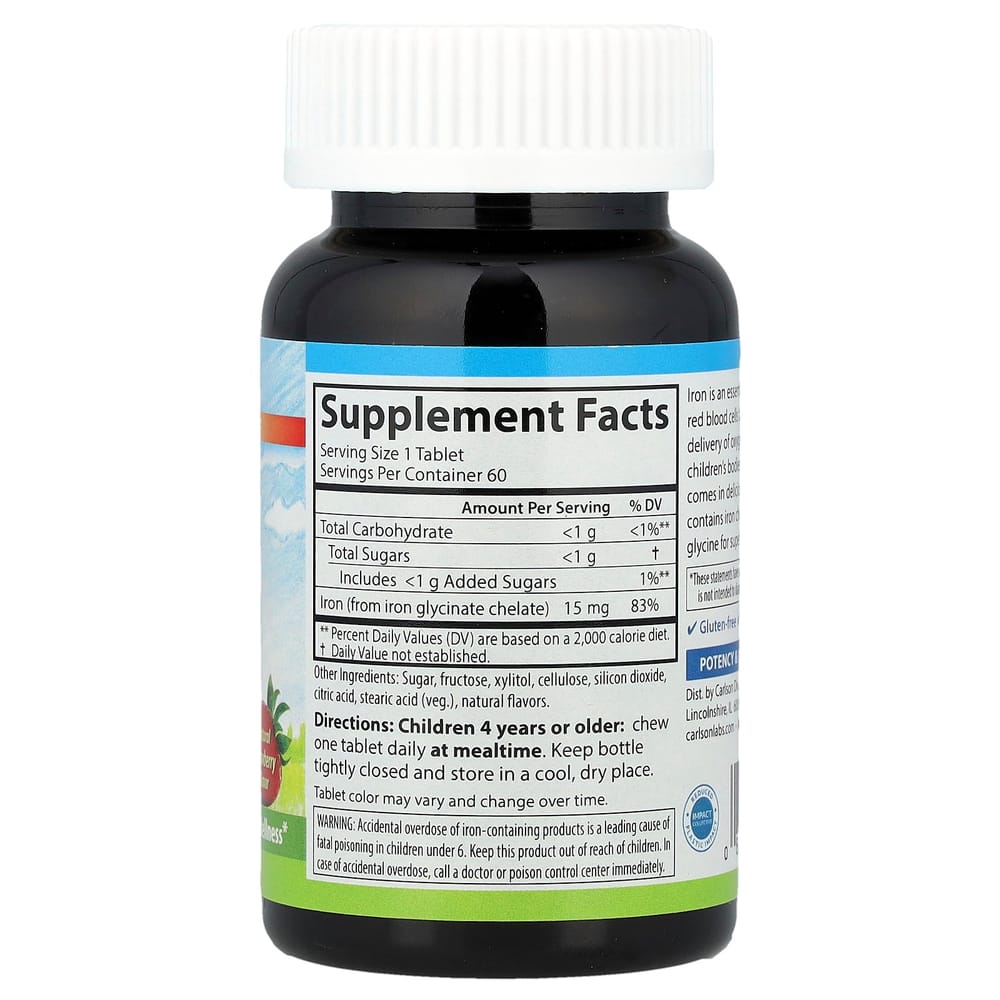 Carlson Labs Children's Chewable Iron, Strawberry Flavor, 15mg, 60 Tablets