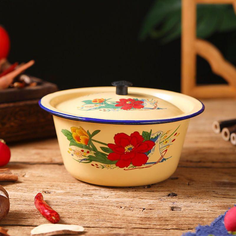 Bol de esmalte Clásico Vintage Recipientes de esmalte para pasteles con tapa Pequeño Multifuncional Cuenco de sopa de esmalte Bol para servir ensaladas Asiático