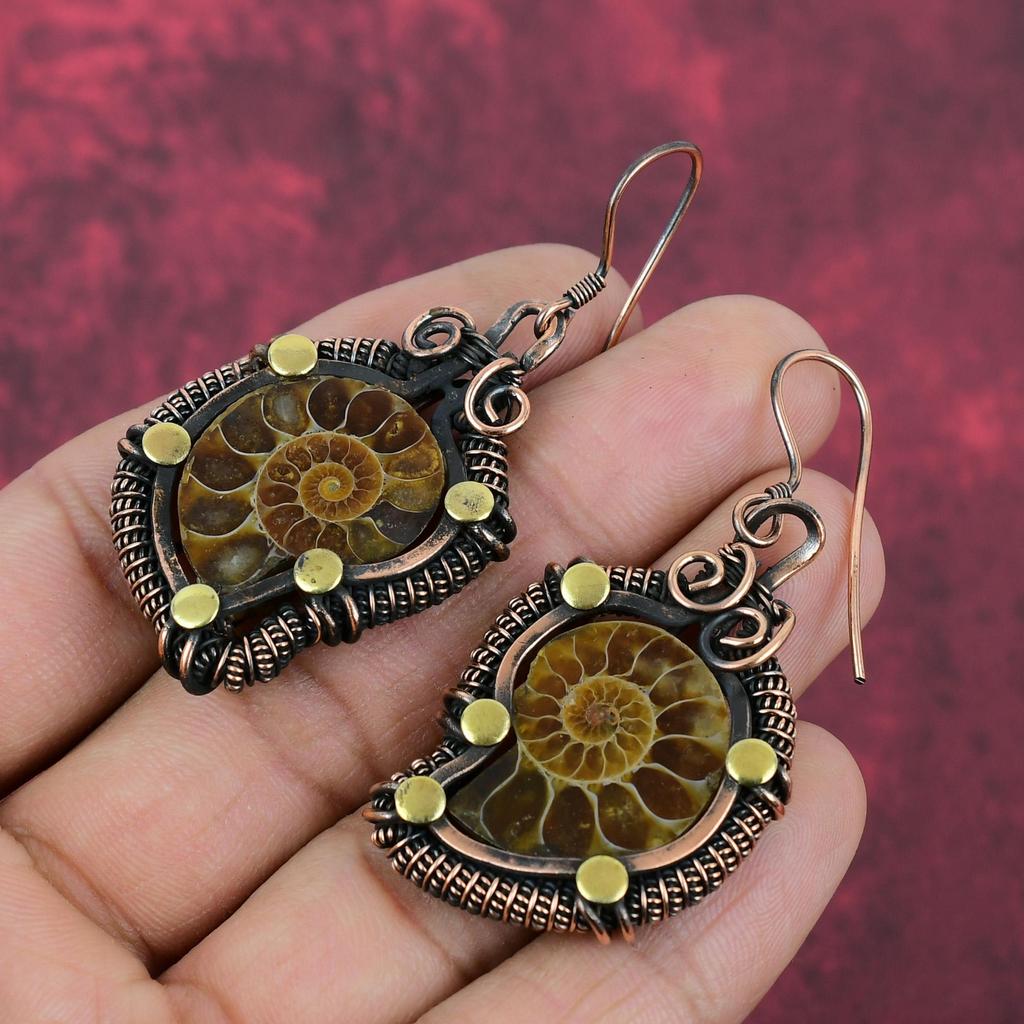 Ammonite Fossil Earring Copper Wire Wrapped Earring Elegant Jewelry Handmade Gemstone Earring Gifts For Wife Stylish Earrings Copper Jewelry