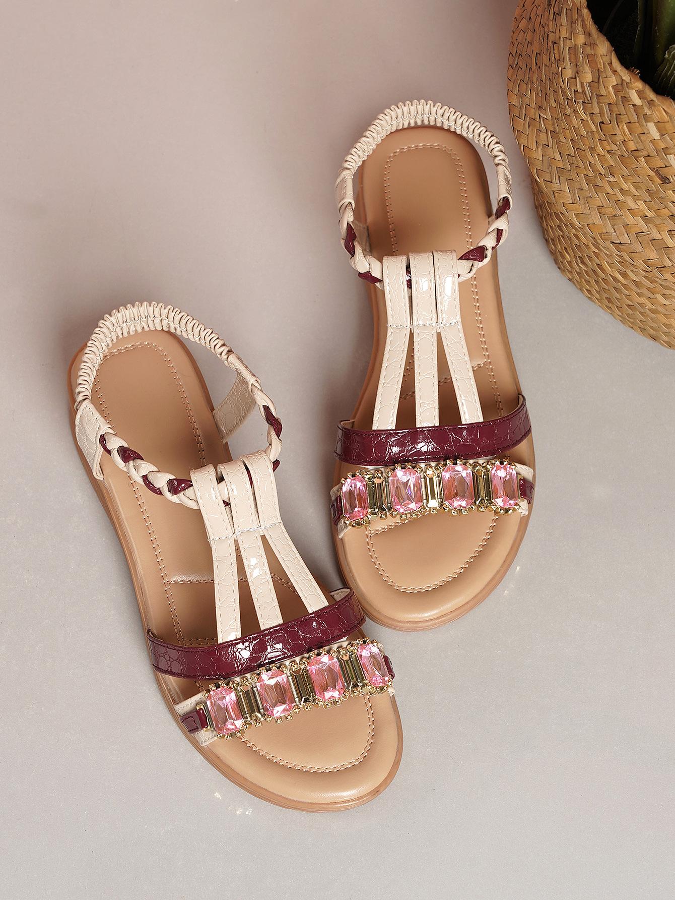 

2025 summer new flat-bottomed rhinestone fish mouth sandals women s foreign trade large size elastic band women s shoes manufacturer 43