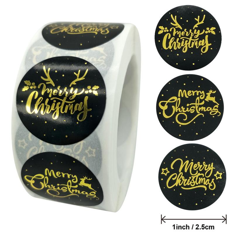500Pcs Merry Christmas Stickers Pvc Black Background  Stamping Adhesive Labels Christmas Gift Sealing Stickers